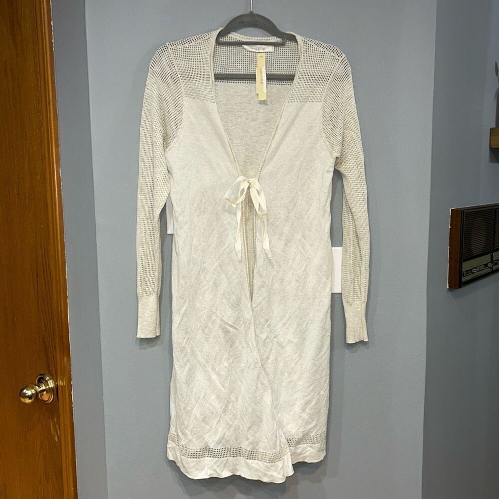 Laurie B. Anthropologie waffle knit oatmeal tie long lightweight cardigan NWT si